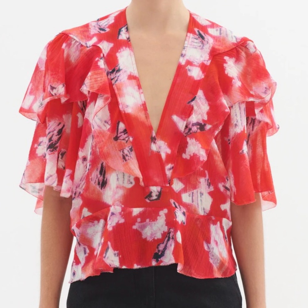 Iro Paris Red Silk Blend Ruffle Blouse Size 36 Abstract Print V-Neck Top
